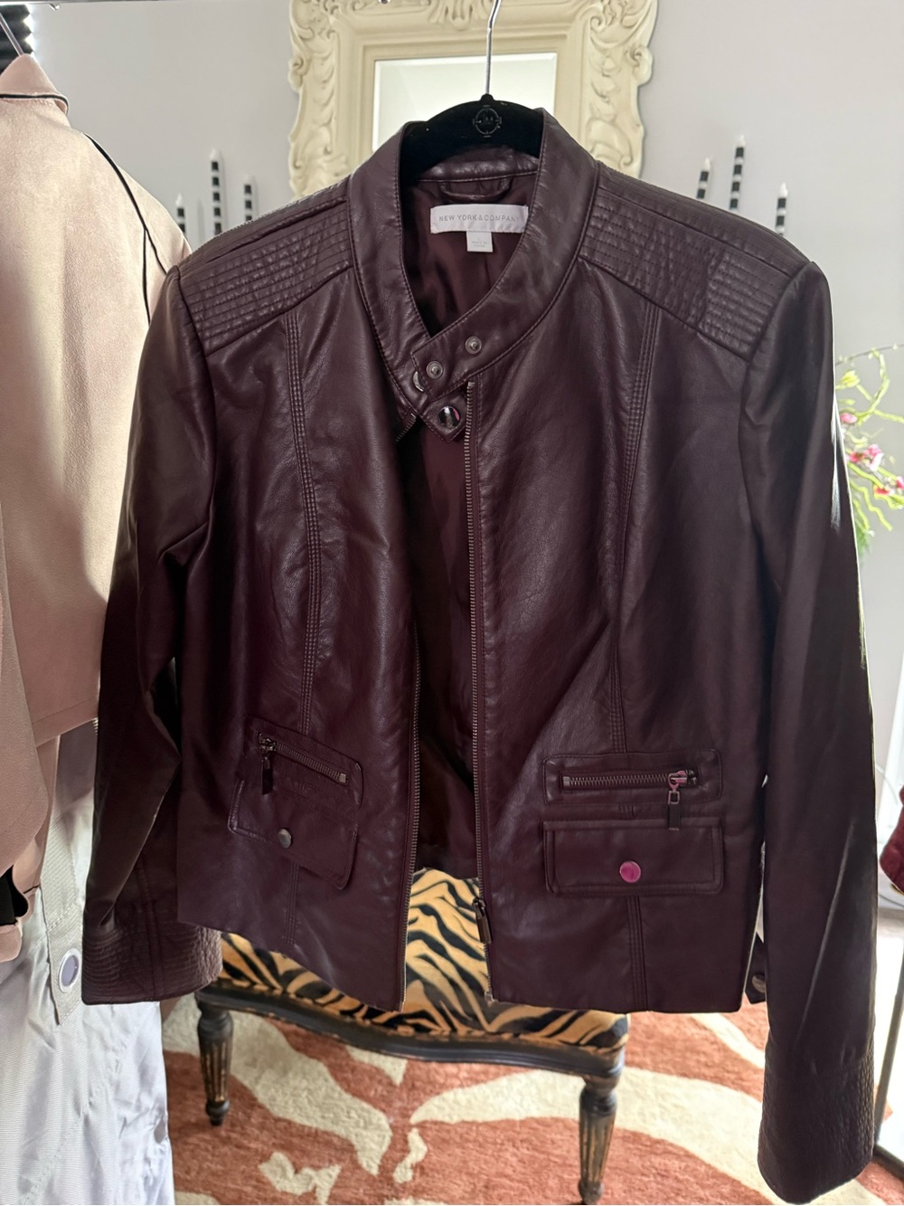 New York & Company Women's Burgundy Leather Moto Jacket NWOT